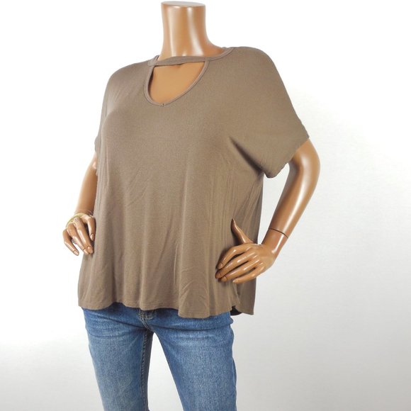 BOBEAU Top L Casual Shirt Relaxed Fit Cut Out Neck Stretch Taupe Swing Blouse - Picture 2 of 7
